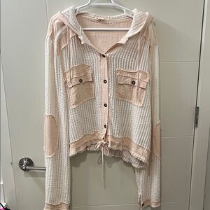 POL: Lightweight Waffle Knit Hooded Button Cardigan in Cream & Blush